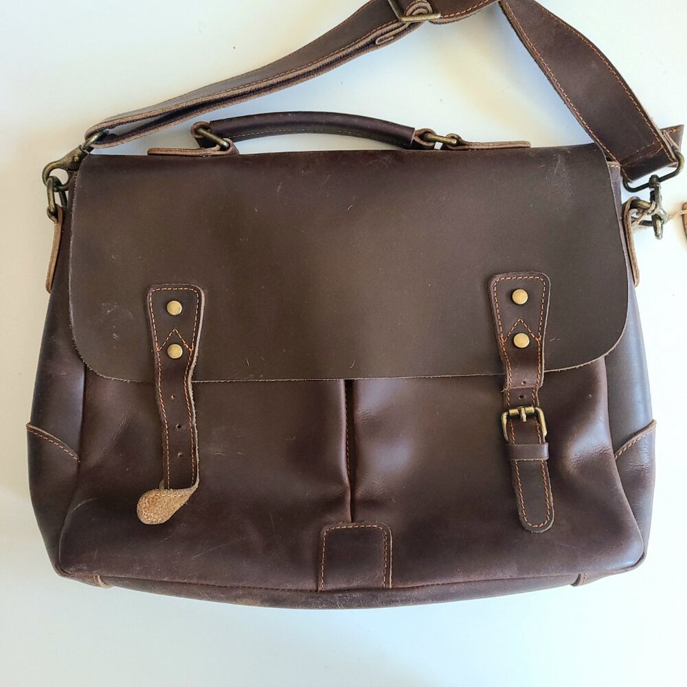 Vintage unisex brown leather brief case/document/laptop bag with long strap. - Picture 2 of 10